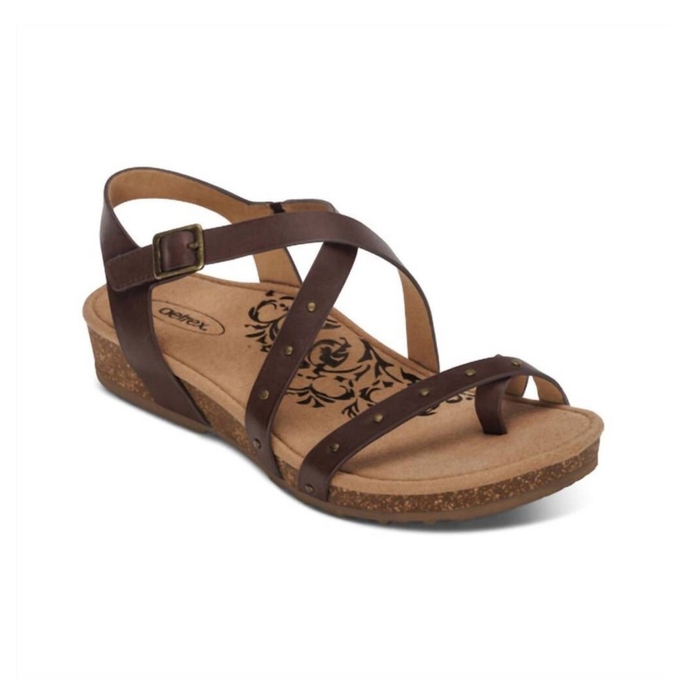Aetrex Lauren Sandals Womens 9 Coffee Brown Excellent Strappy Wedge SC581W
